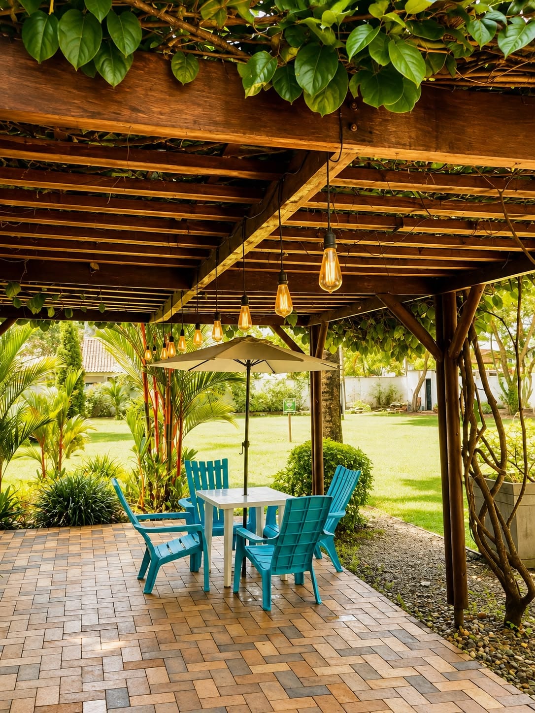 Terraza y zona de estar al aire libre junto a las habitaciones